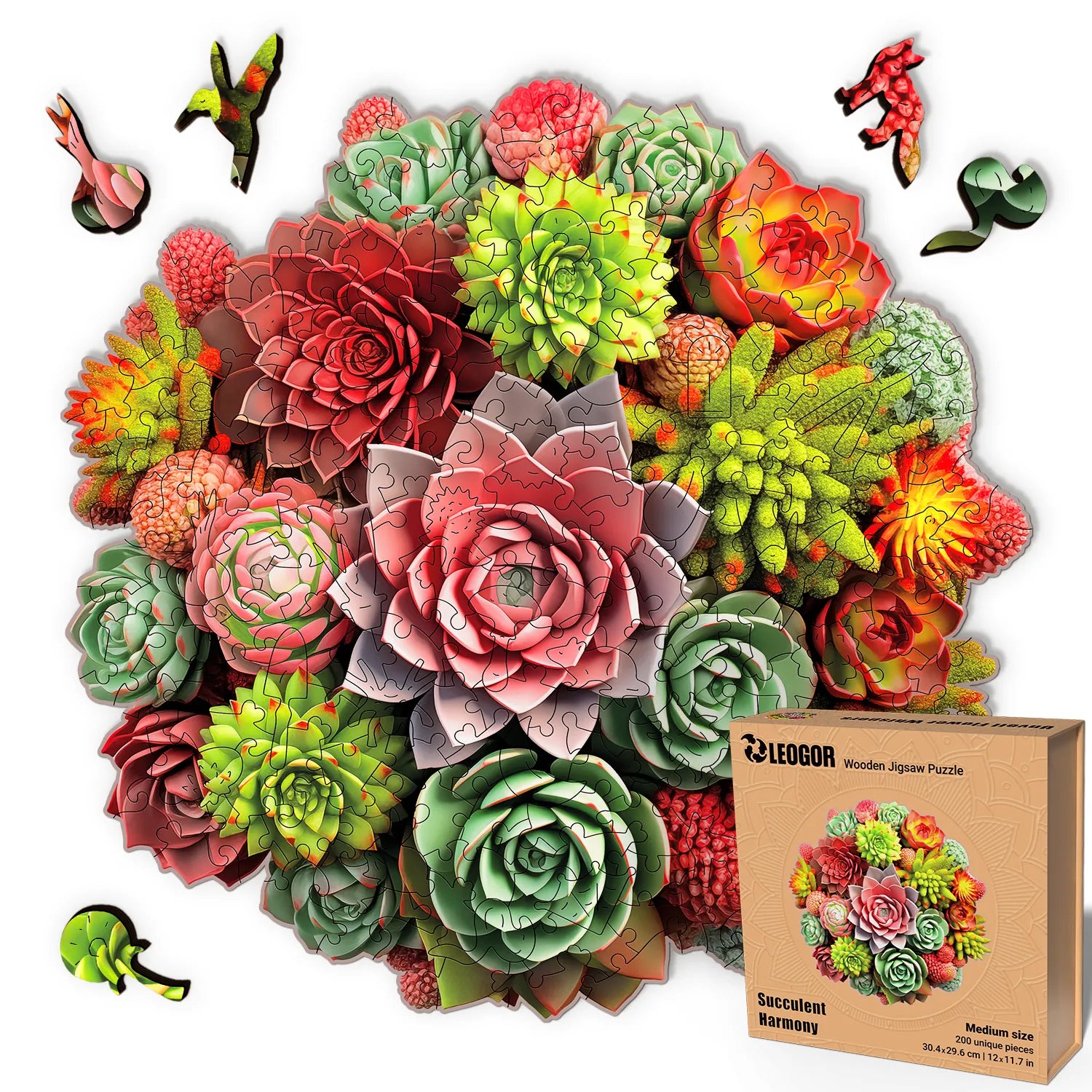 succulent plants puzzle 200 Piece Wooden Jigsaw Puzzle for Adults with Animal Shaped Pieces, Succulent Puzzle (12 x 11.7 in)