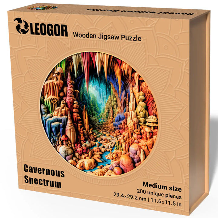 LEOGOR Cavernous Spectrum wooden puzzle box, featuring swirling illusion and elegant embossing