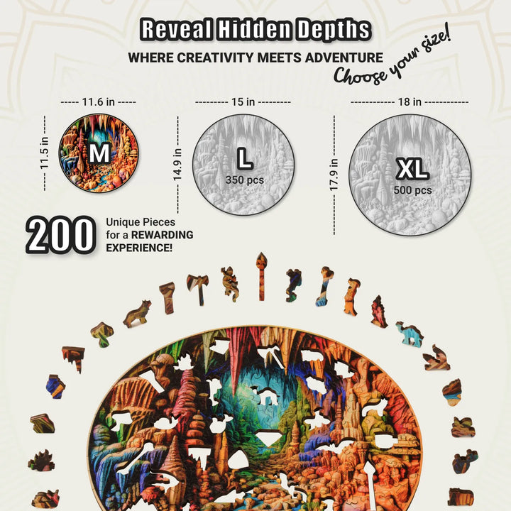 Medium puzzle comparison chart with 200-piece Cavernous Spectrum and colorful whimsy layout