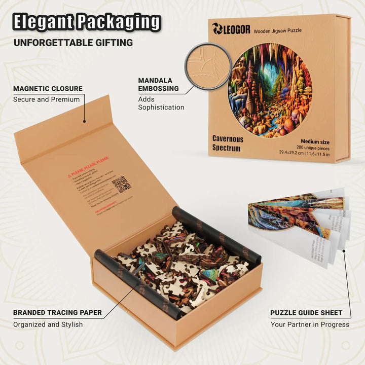 200-pcs wood puzzle packaging – magnetic box, tracing paper, and folded instruction sheet shown open