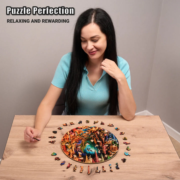 Woman enjoying Cavernous Spectrum medium puzzle with colorful swirls and playful wood craftsmanship