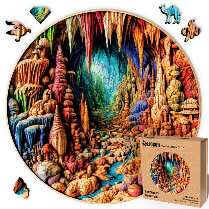 200-piece wooden puzzle with vibrant 3D cave art and fun-shaped wood pieces in compact round format