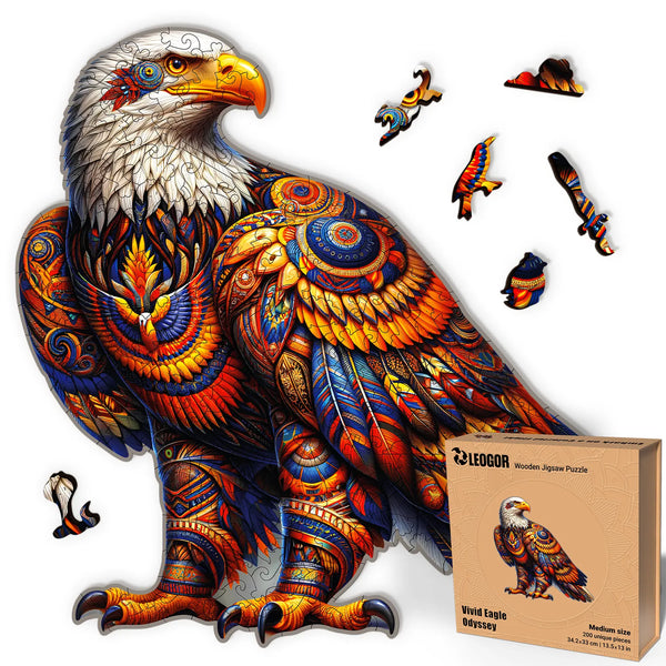 Vivid Eagle Odyssey 200-piece puzzle with bold feather artwork and whimsy cuts, compact and fun