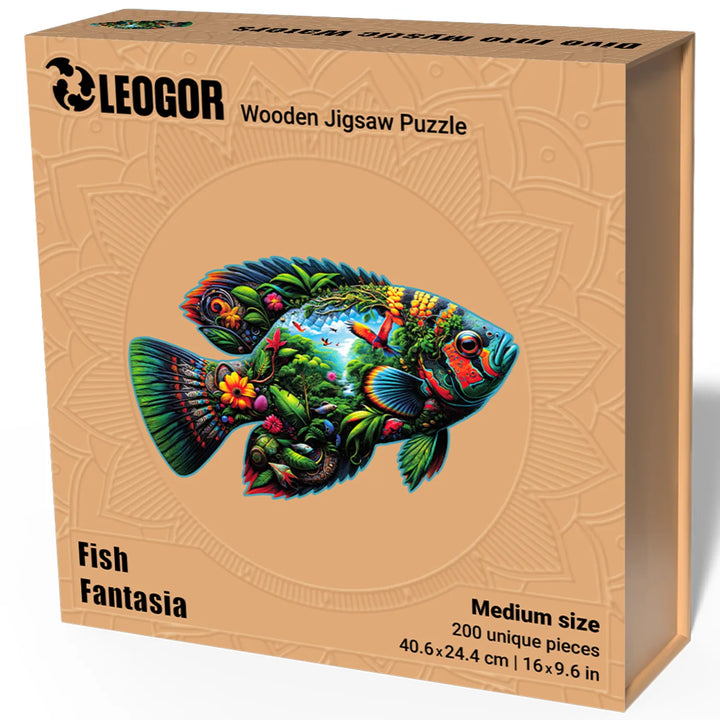 LEOGOR Fish Fantasia puzzle box, 200-piece rainforest design, compact size, giftable decor piece