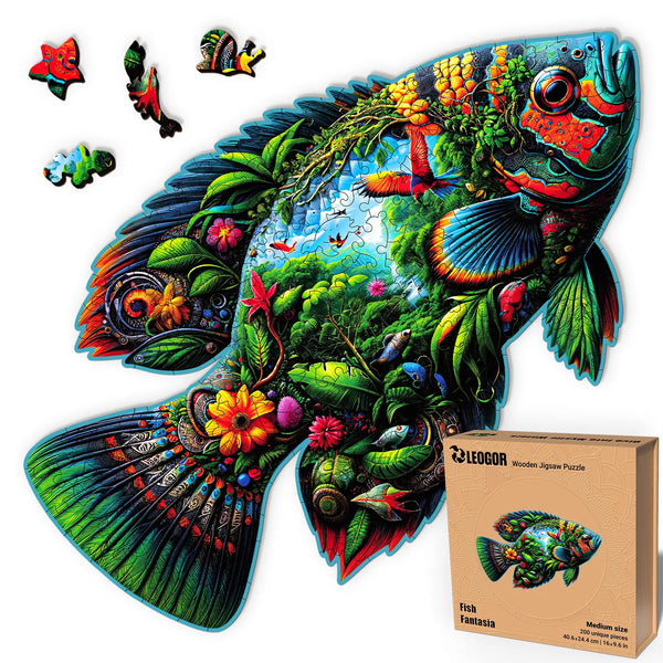 Fish Fantasia 200-piece puzzle with fish shape, rainforest details, and whimsy cuts, fun for adults