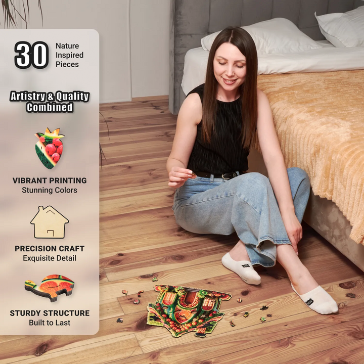 Close-up view of thick wood piece from 200-piece puzzle showing fruity details and whimsy cut