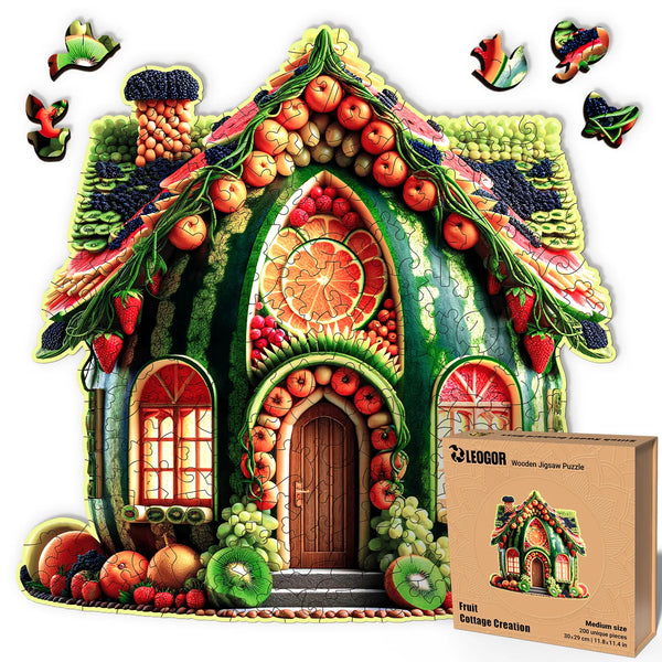 200-piece wooden fruit house puzzle with juicy colors, floral whimsy shapes, and wood texture feel