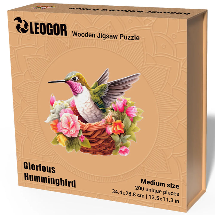 LEOGOR Hummingbird puzzle in M size, vivid nature colors, bird shape, and premium box presentation