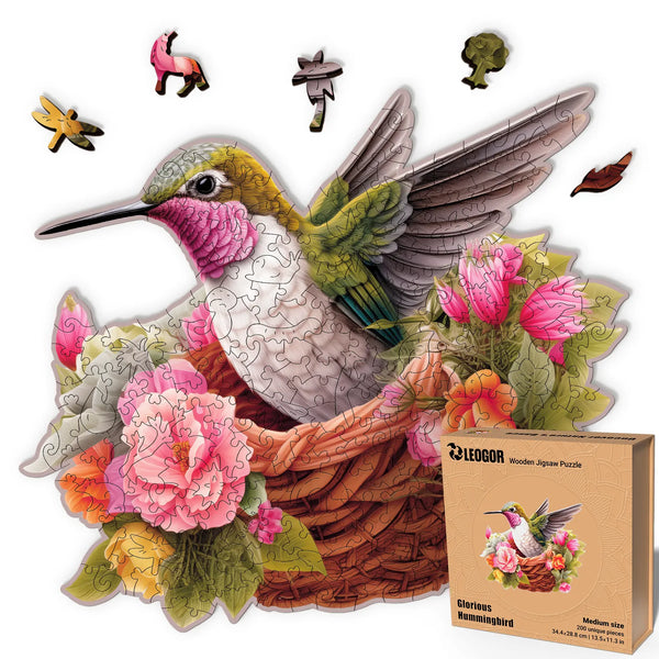 Glorious Hummingbird 200-pcs puzzle shaped like a bird with bright jungle flowers and whimsy cuts