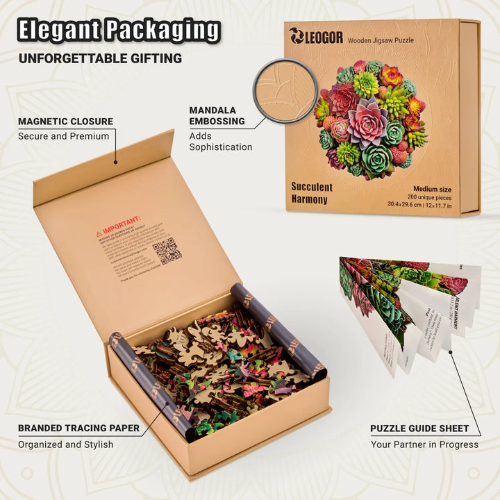 Open box of Succulent Harmony 200-piece puzzle with guide sheet, floral cuts, and tracing paper