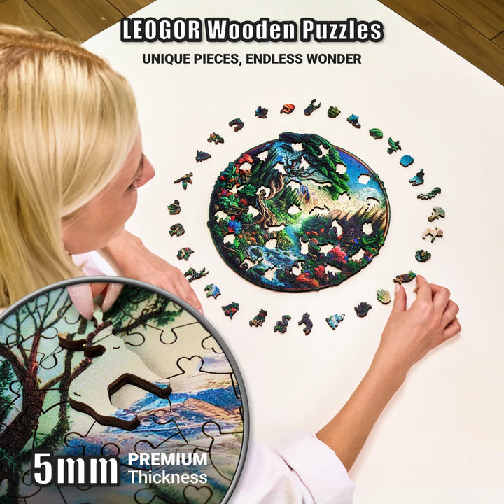 Hands placing thick wooden pieces into Majestic Landscape puzzle with forest design and shape