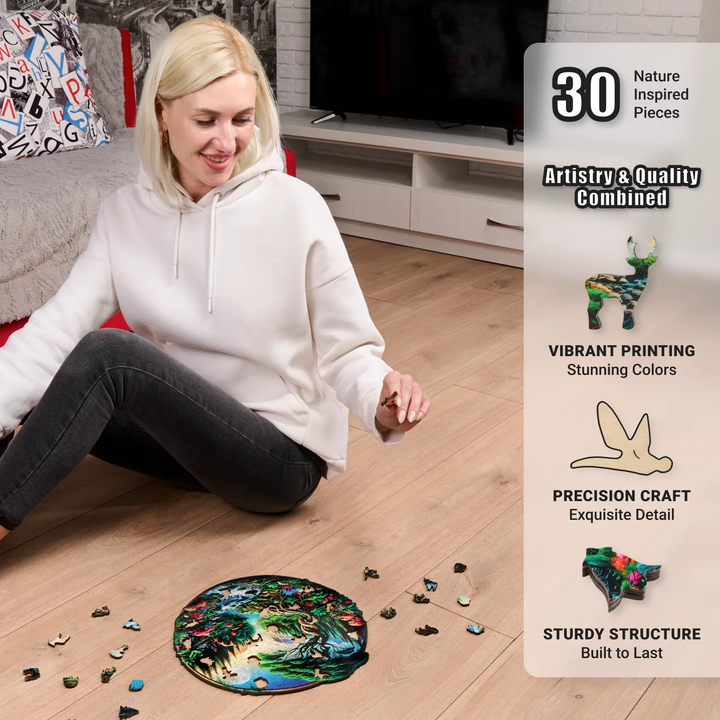 Medium wood puzzle with scenic artwork, 200 vivid wooden pieces, and relaxing floor assembly
