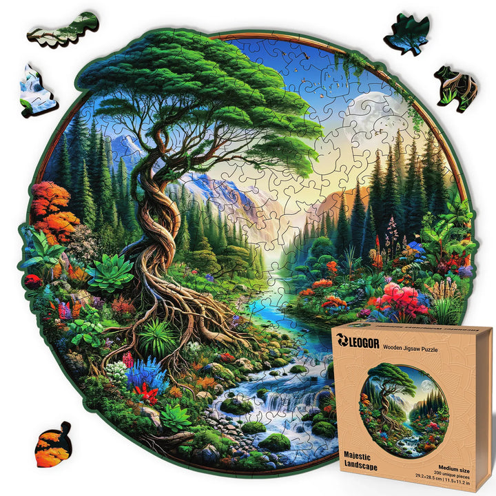 Majestic Landscape 200-piece wood puzzle in round shape with colorful forest and wood whimsy cuts