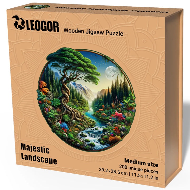 LEOGOR 200-piece wooden puzzle box with forest design and elegant wood-style packaging