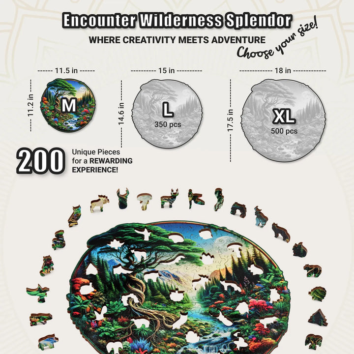 Size guide for Majestic Landscape puzzle, showing M wood version with nature-themed shapes