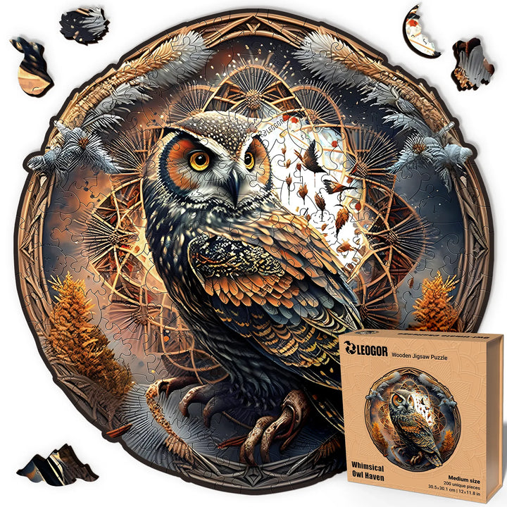 Assembled 200 piece owl puzzle with animal-shaped wooden pieces, circular form, and vivid detailing