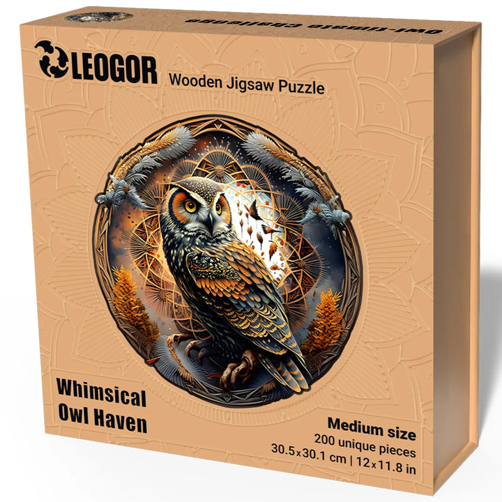 200 piece wooden owl jigsaw puzzle with vibrant mandala artwork, nature theme, and gift-ready box