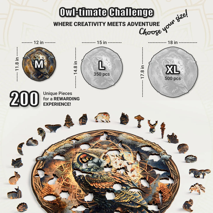 Three owl puzzle sizes shown, highlighting the compact and engaging 200 piece round puzzle version