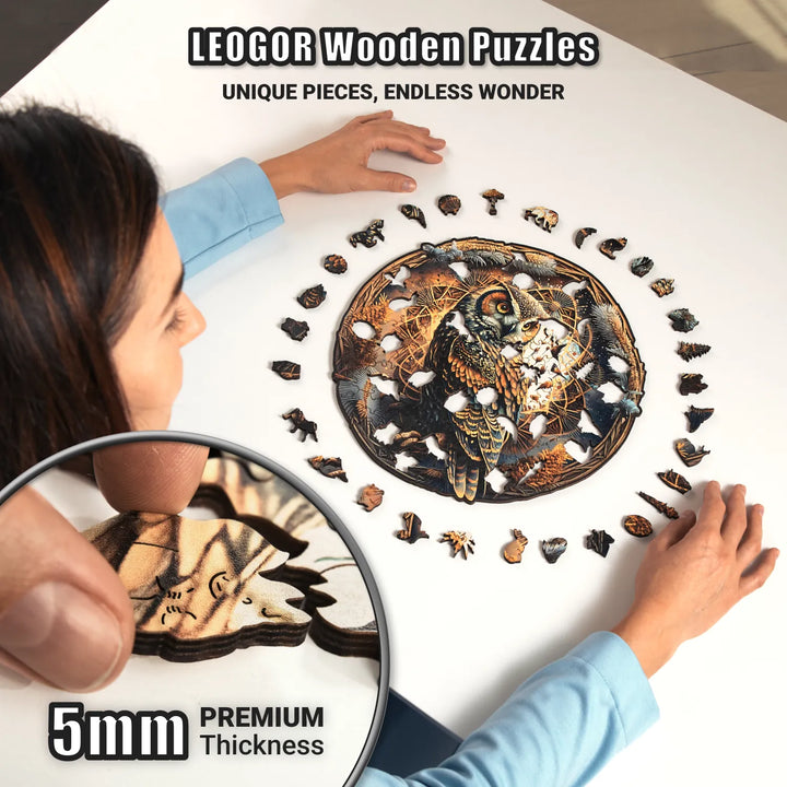 Close-up of thick 5mm wooden puzzle pieces from 200 piece owl puzzle, showing craftsmanship and fit