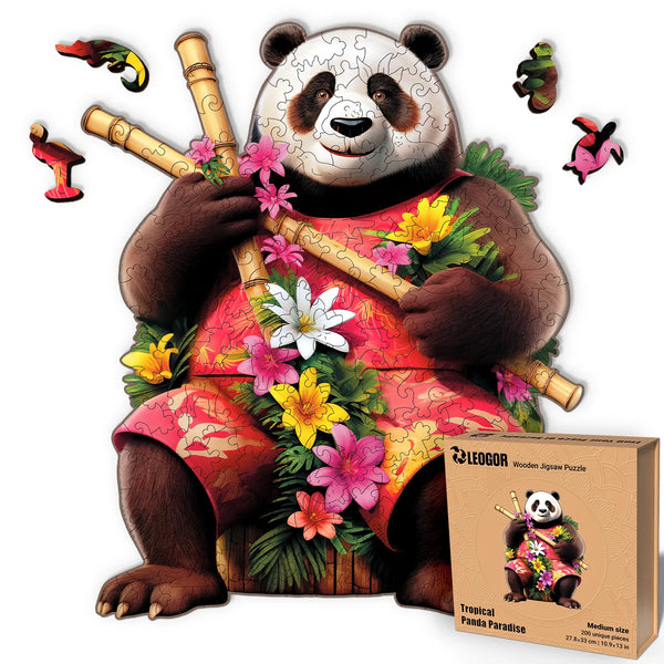 Panda Paradise 200-piece wooden puzzle with panda design, nature whimsy cuts, and wood base