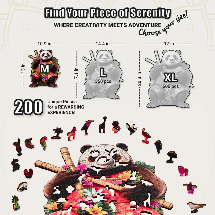 Size chart showing Panda Paradise M wooden puzzle with vibrant shapes and compact layout