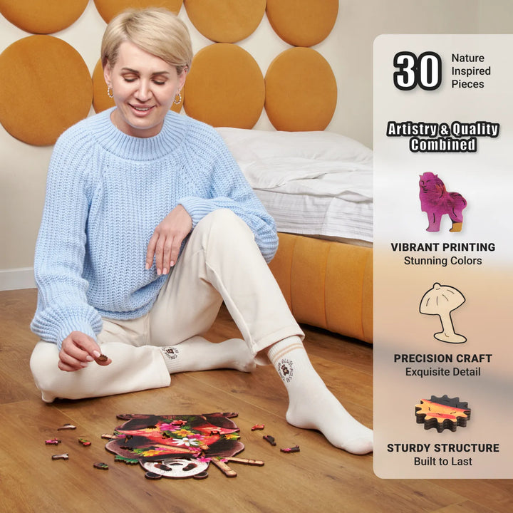Floor shot of panda puzzle in progress with 200 wood pieces and floral-shaped whimsy cuts