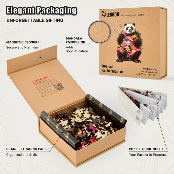 Premium packaging of 200-piece wood puzzle with guide, tracing paper, and magnet closure