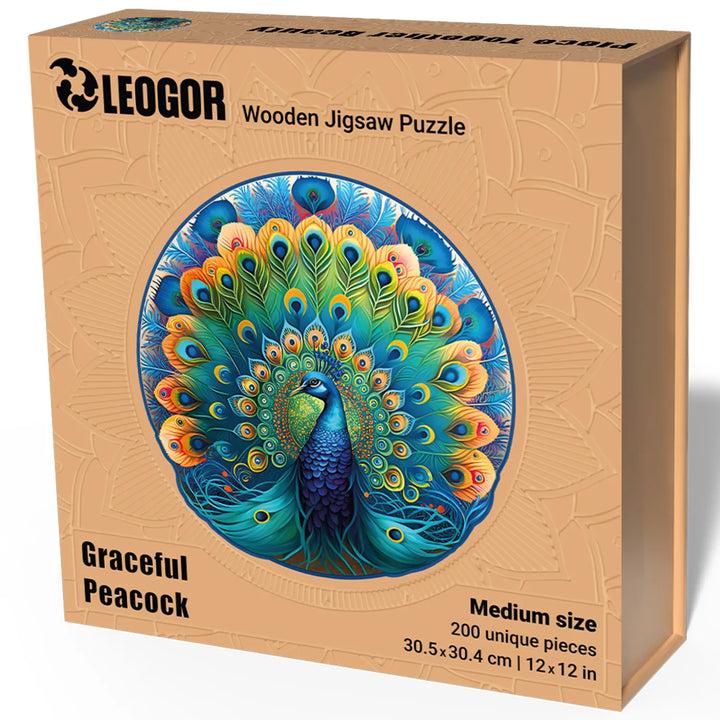 Graceful Peacock 200-piece puzzle in premium round box with magnetic closure, vibrant and elegant