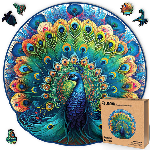 Graceful Peacock 200-piece round puzzle with whimsy pieces, fun and artistic design for adults