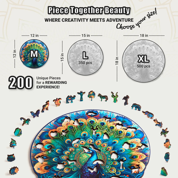 Graceful Peacock 200-piece round puzzle, 12x12 inches with animal-shaped pieces, ideal decor gift