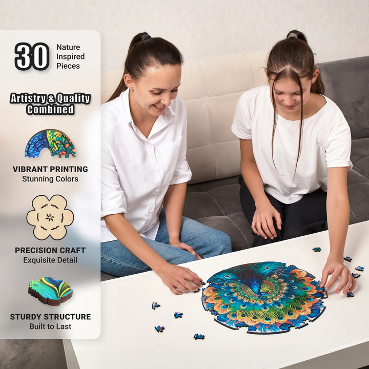 Assembling the 200-piece Graceful Peacock puzzle with vivid colors, whimsy cuts, and relaxing fun