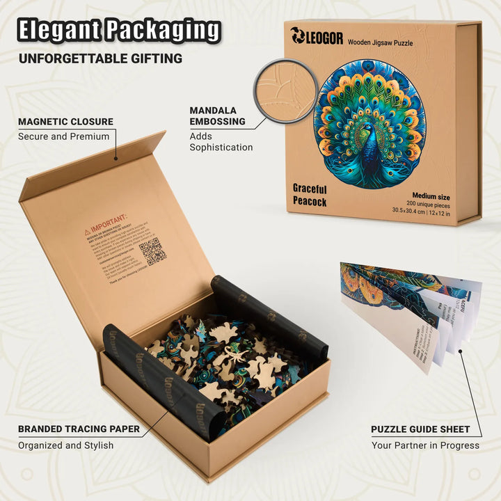 Graceful Peacock puzzle box with embossing, tracing paper, guide sheet, and gift-ready appeal