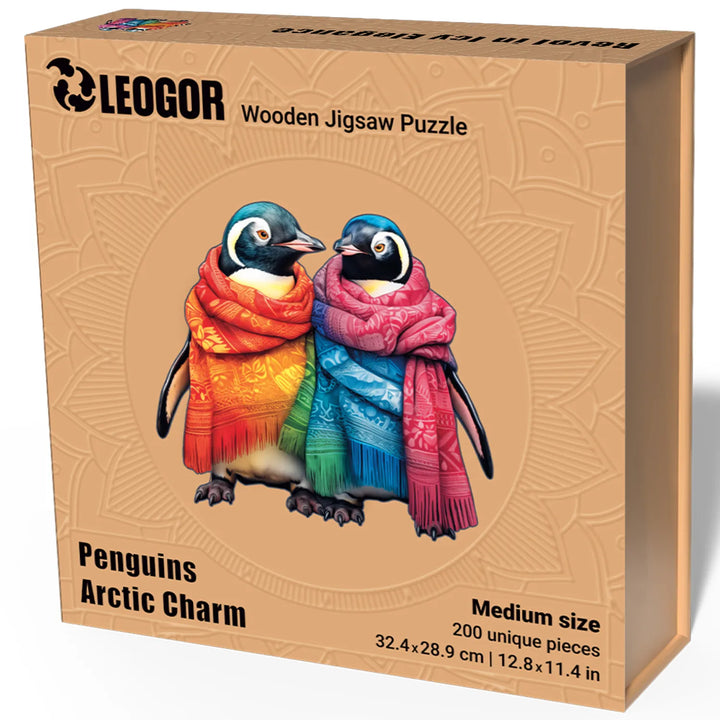 LEOGOR 200-piece puzzle box with penguins in rainbow scarves, cozy winter-themed puzzle gift
