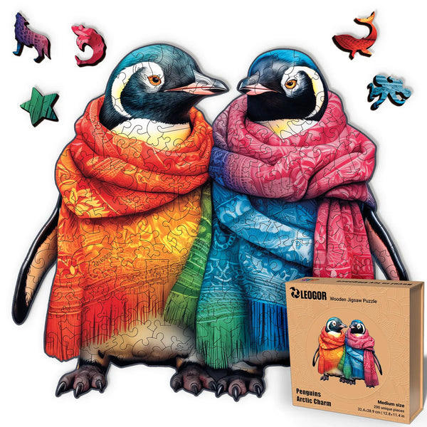 200-pcs penguin puzzle with colorful scarves and animal shapes, medium wood jigsaw for winter decor