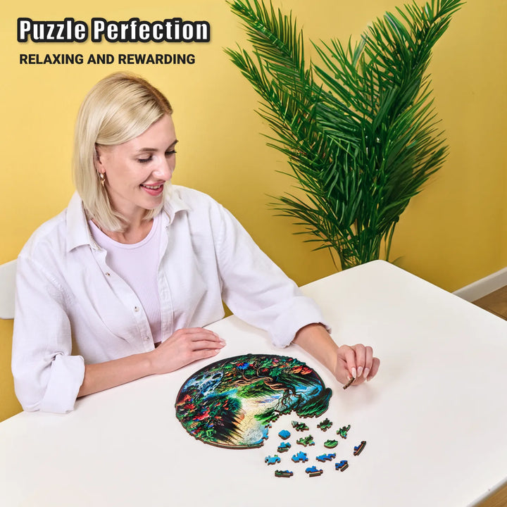 Woman assembling 200-piece wooden puzzle with natural scenery and animal-shaped wood pieces