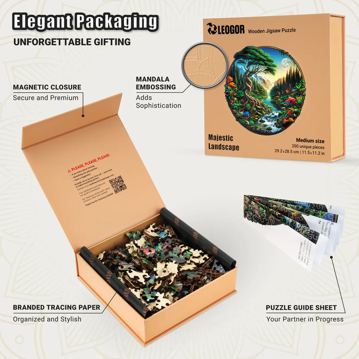 Wooden puzzle box with guide sheet, magnet closure, and branded tracing paper for 200-piece set