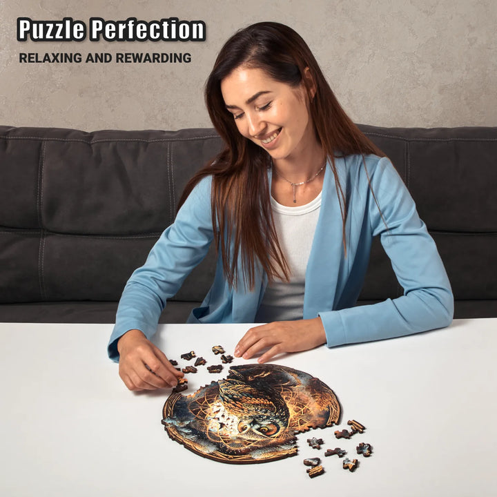 Woman solving 200 pcs owl jigsaw on tabletop, a fun and relaxing wooden puzzle experience for adults