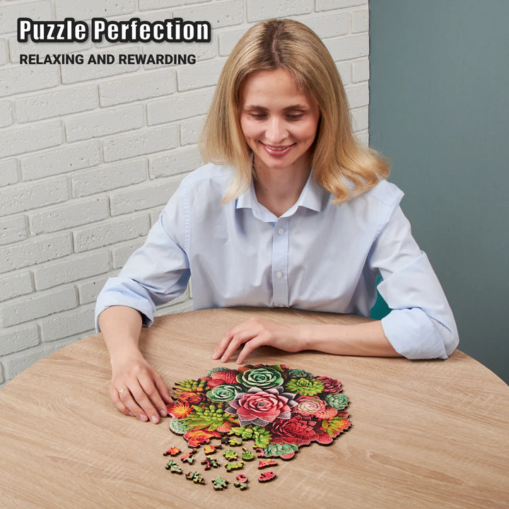 200-piece Succulent Harmony floral puzzle in progress with vivid artwork and whimsical shapes