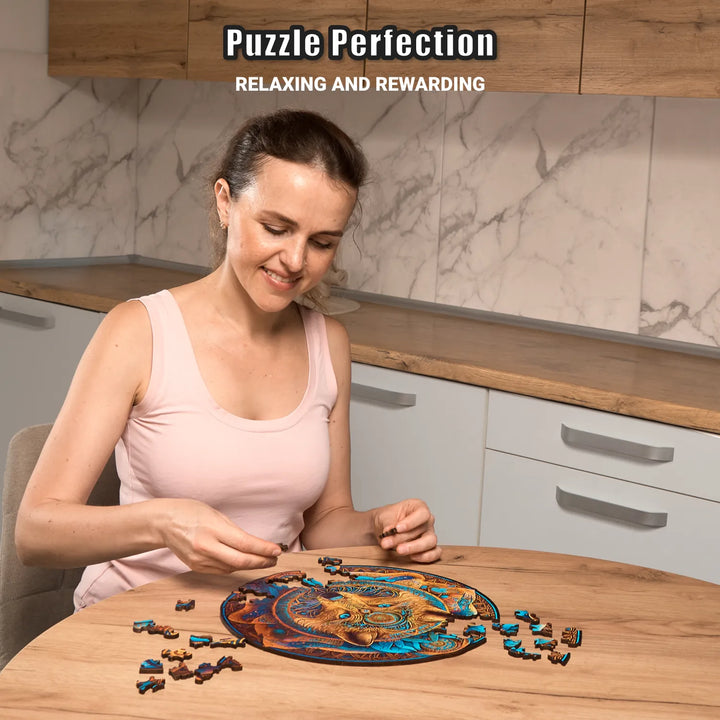 Woman solving 200-piece Wolf Enchantment puzzle, bold colors and whimsy cuts, mindful activity