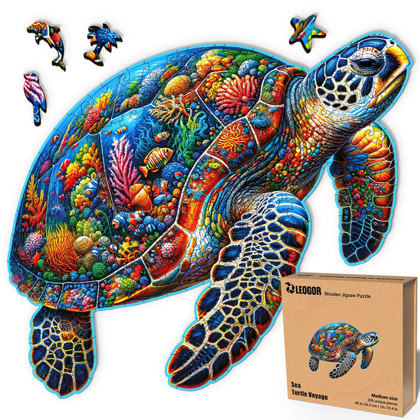 Sea Turtle Voyage 200-piece ocean puzzle with sea creature cuts, round design, great for adults