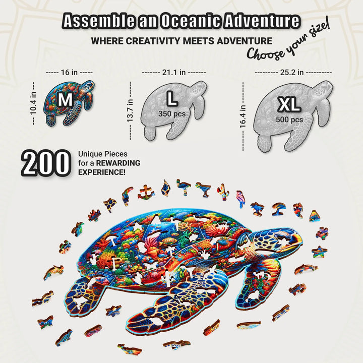 Puzzle chart showing Sea Turtle 200-piece at 16x10.4 in with ocean whimsy shapes around turtle