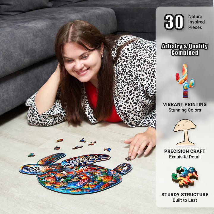 Smiling woman solving 200-piece Sea Turtle puzzle with sea whimsy pieces, vibrant and mindful