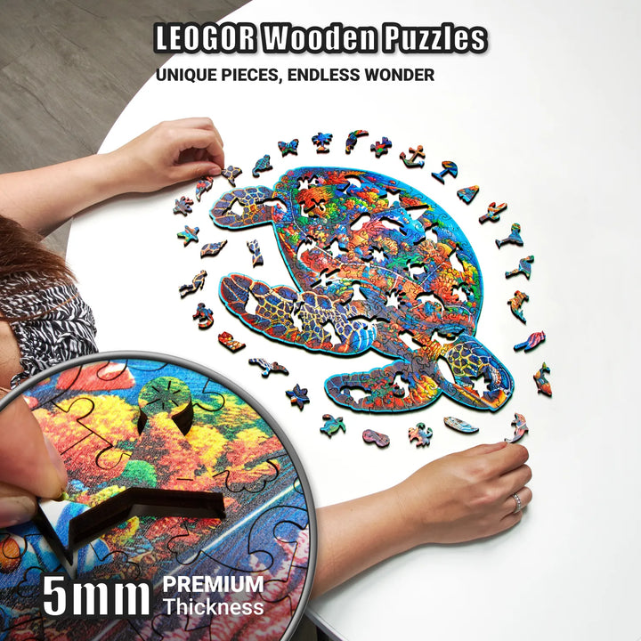Colorful Sea Turtle puzzle in progress with 5mm thick ocean pieces, compact and fun puzzle