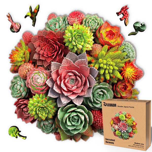Completed 200-piece Succulent Harmony puzzle with colorful succulents and artistic wood shapes