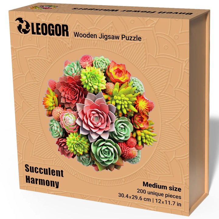 200-piece Succulent Harmony puzzle box with vibrant succulent bouquet and compact round design