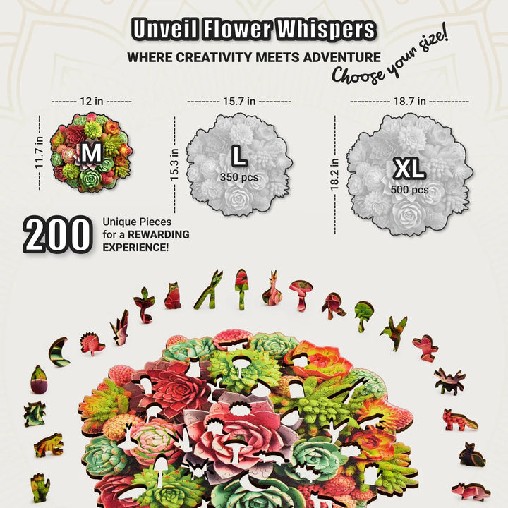 Visual layout of 200-piece Succulent Harmony puzzle with vibrant plants and whimsical wood pieces