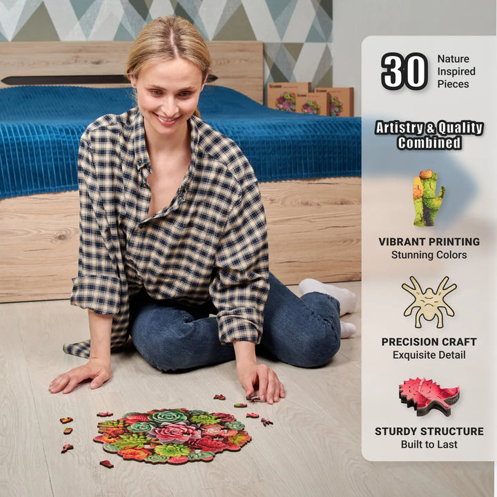 Relaxing floor puzzle moment with 200-piece floral puzzle and colorful plant-shaped whimsy cuts