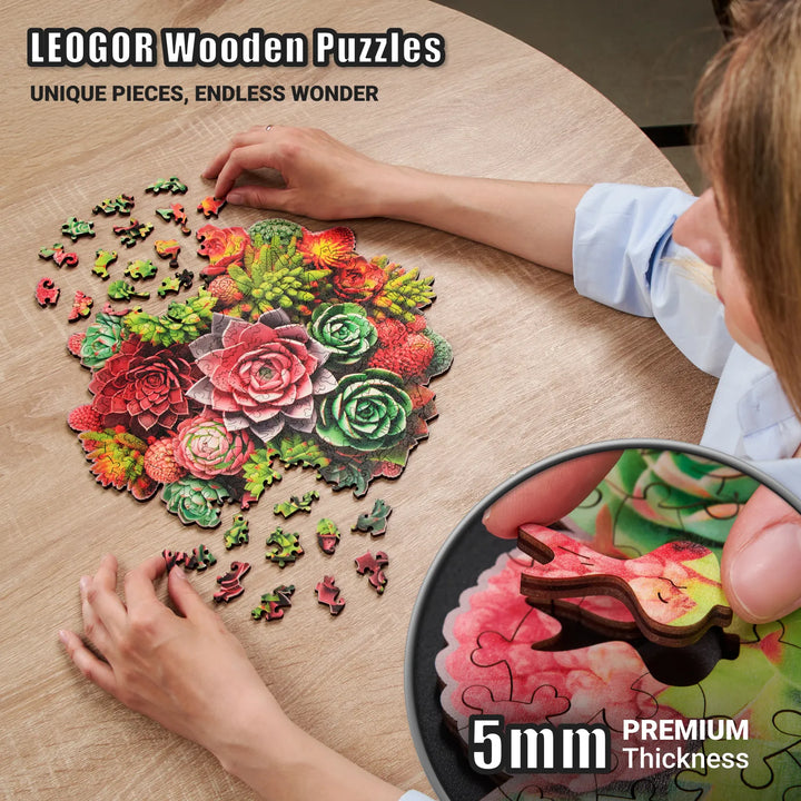 Assembling 200-piece Succulent Harmony puzzle with thick floral pieces and precise cut details