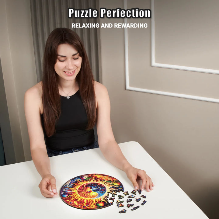 Woman assembling 200-piece wood puzzle with celestial cuts and compact round wood layout