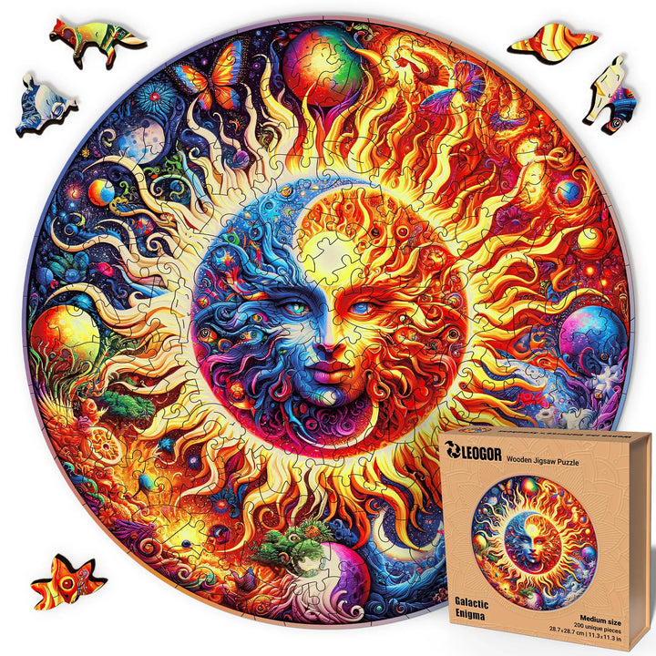 Galactic Enigma 200-piece wooden puzzle with sun-moon design and shaped wood pieces
